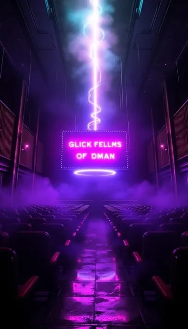 霓虹灯光下的电影院走廊，营造沉浸式的观影氛围